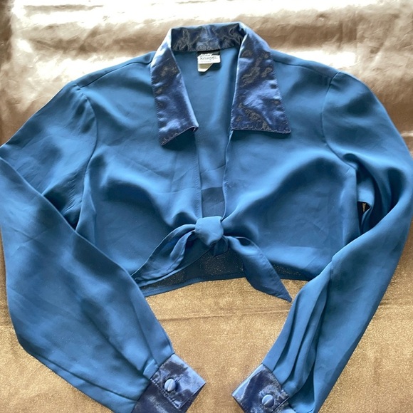 Vintage Judy Knapp Slate Blue Satin Pants Set Sheer Self Tie Halter Top Rayon LG - Picture 7 of 14